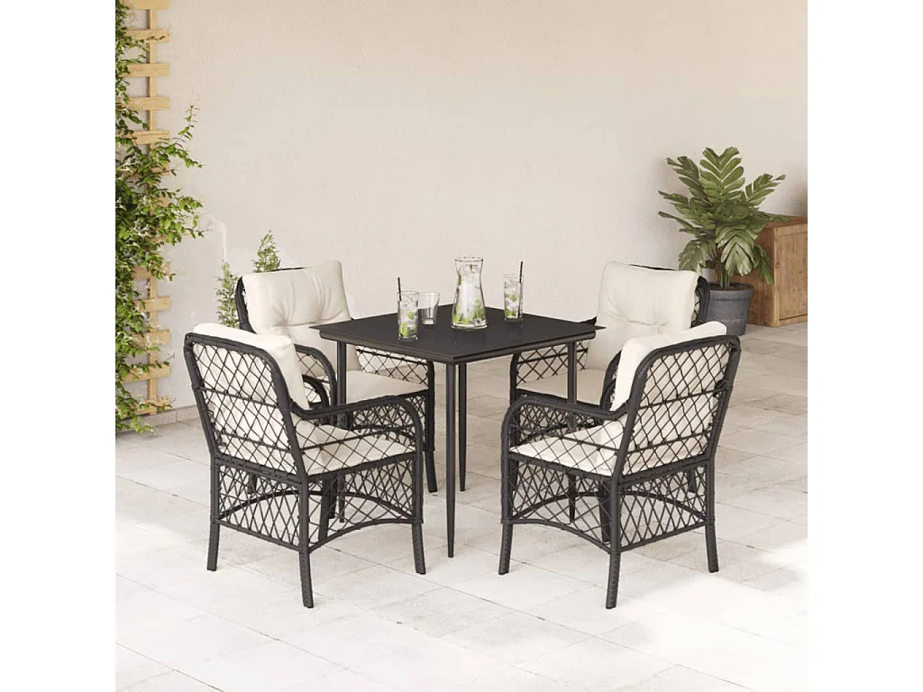 Ensemble à manger de jardin coussins 5pcs Noir Résine tressée