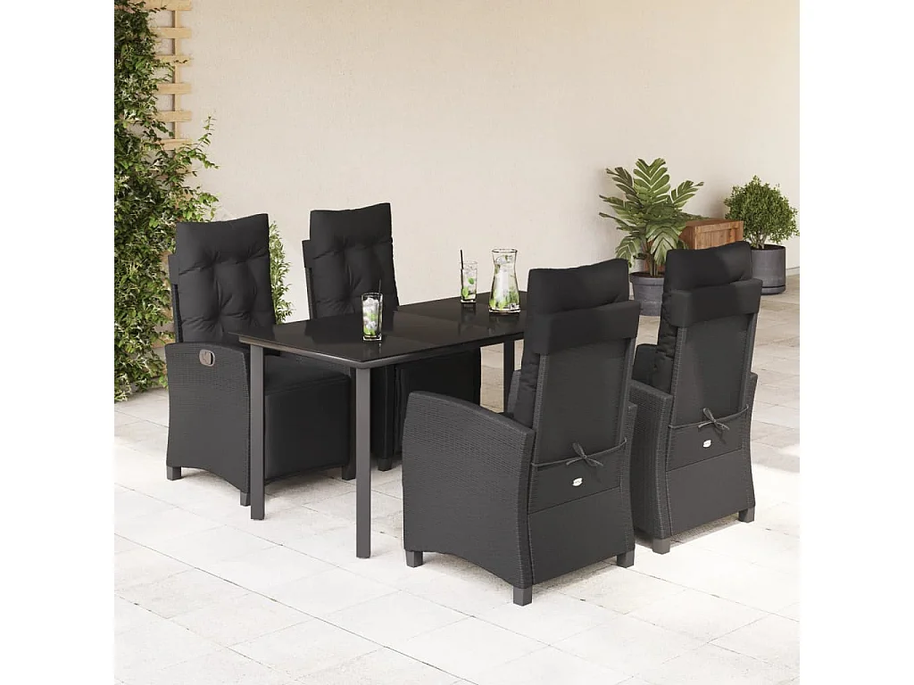 Ensemble à manger de jardin coussins 5pcs Noir Résine tressée
