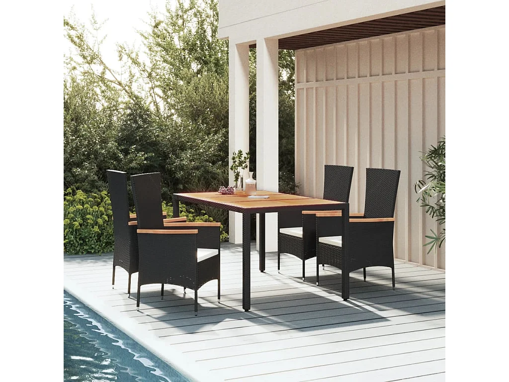 Ensemble à manger de jardin coussins 5pcs Noir Résine tressée