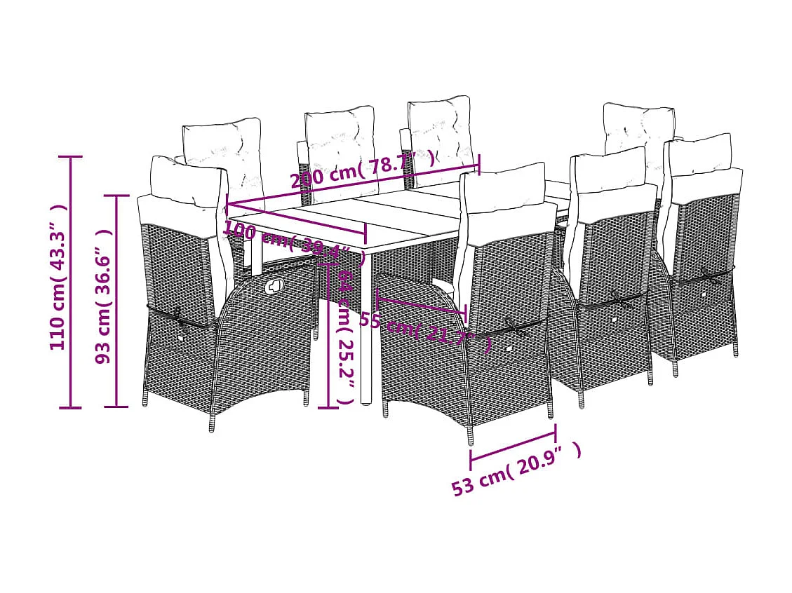 Ensemble à manger de jardin et coussins 9 pcs beige Poly rotin