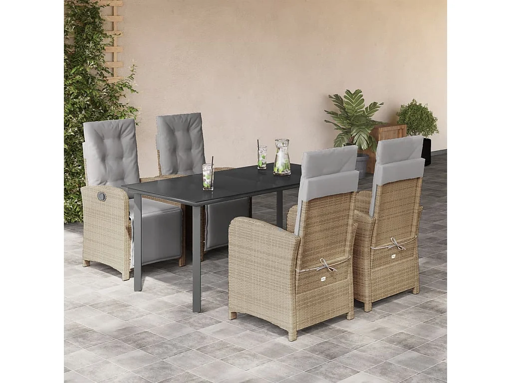 Ensemble à manger de jardin avec coussins 5pcs Beige poly rotin