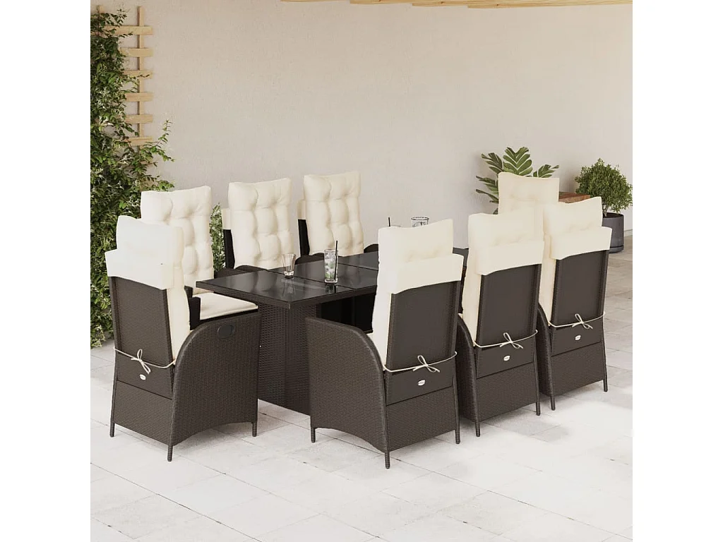Ensemble à manger de jardin et coussins 9 pcs marron poly rotin