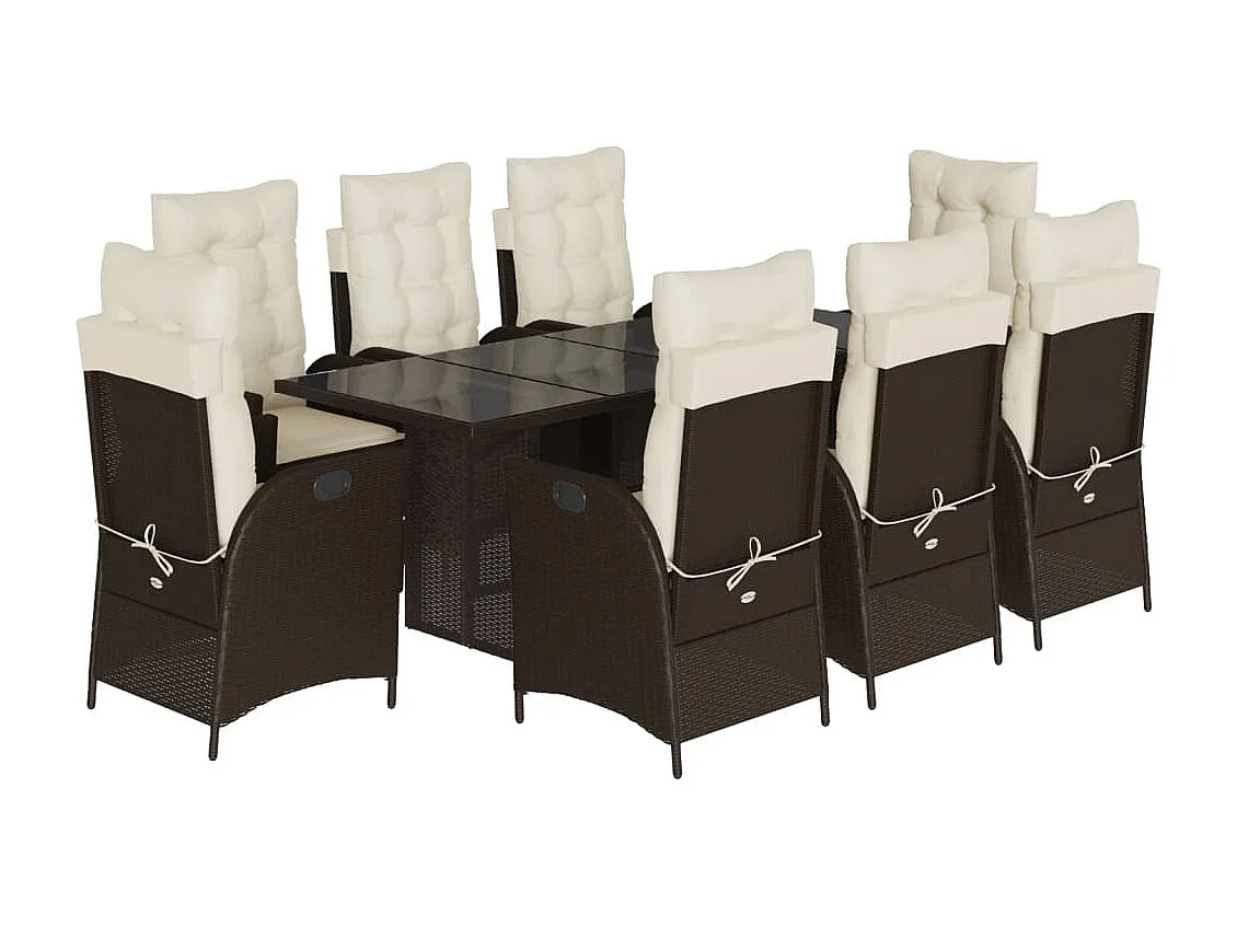 Ensemble à manger de jardin et coussins 9 pcs marron poly rotin