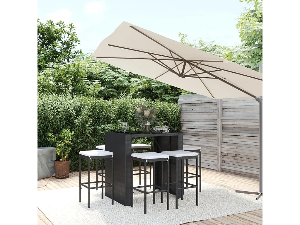 Ensemble de bar de jardin 7 pcs avec coussins noir poly rotin