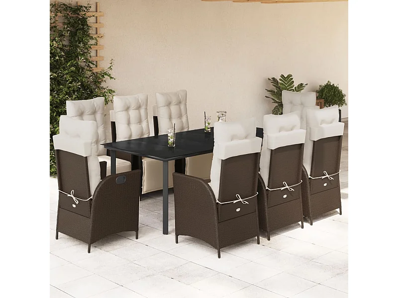 Ensemble à manger de jardin et coussins 9 pcs marron poly rotin