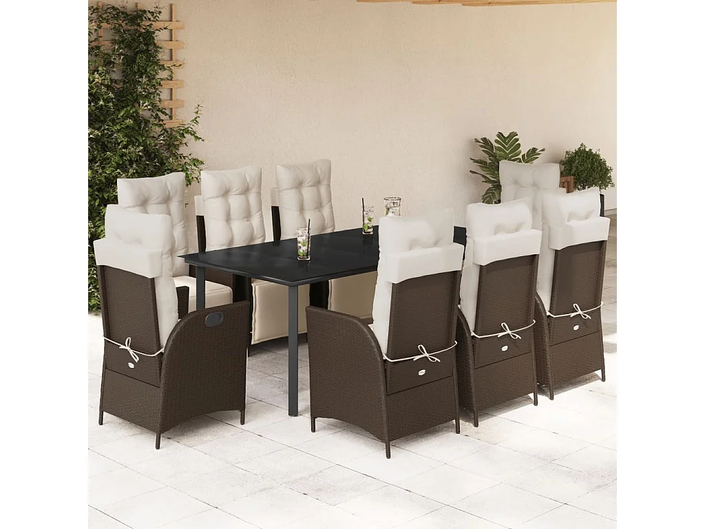 Ensemble à manger de jardin et coussins 9 pcs marron poly rotin