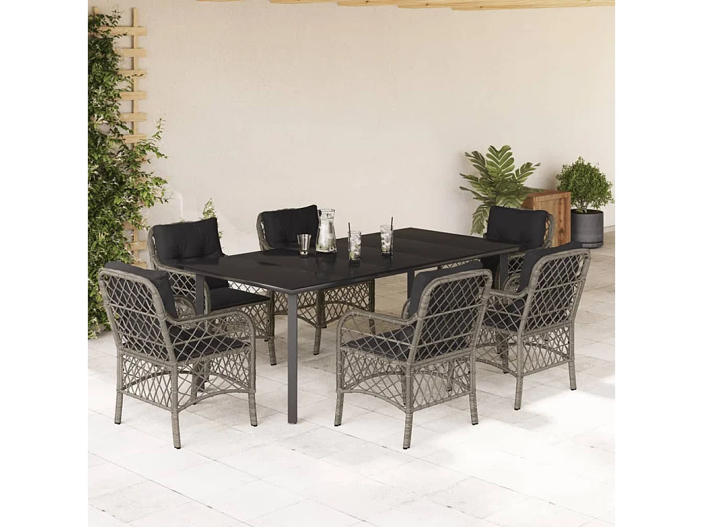 Ensemble à manger de jardin et coussins 7 pcs gris rotin