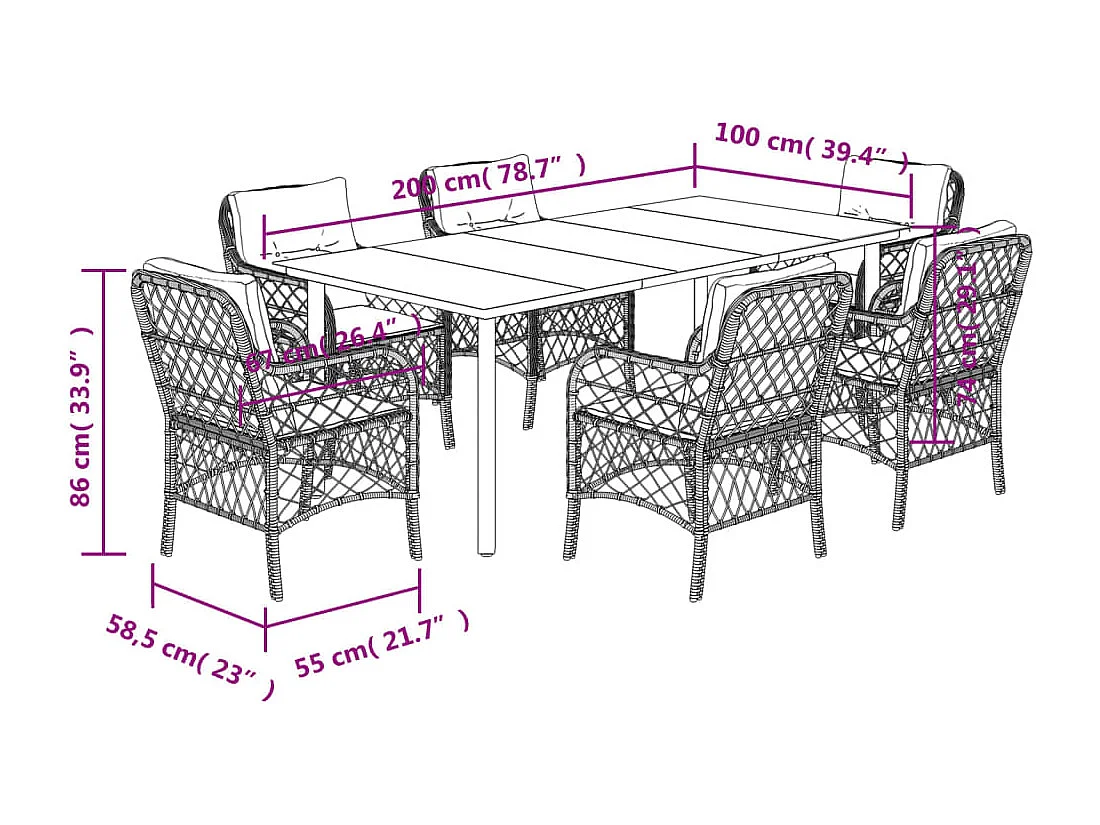 Ensemble à manger de jardin et coussins 7 pcs gris rotin