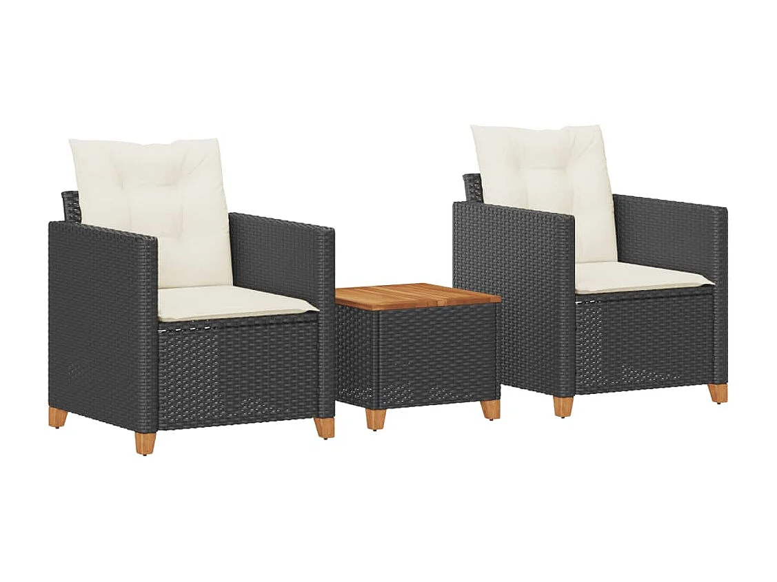 Ensemble de bistro 3 pcs et coussins noir résine tressée acacia