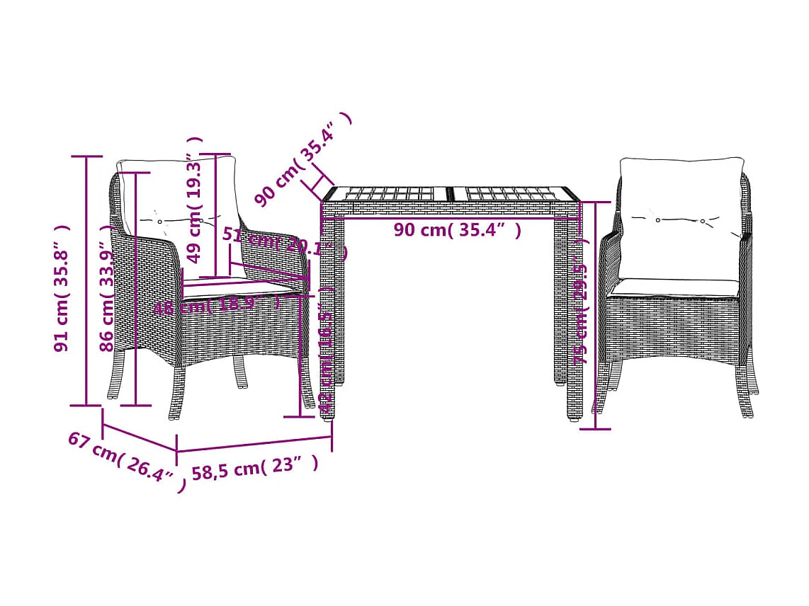Ensemble à manger de jardin avec coussins 3 pcs Noir