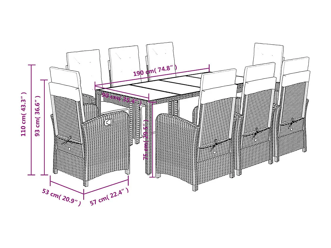 Ensemble à manger de jardin 9pcs coussins noir résine tressée