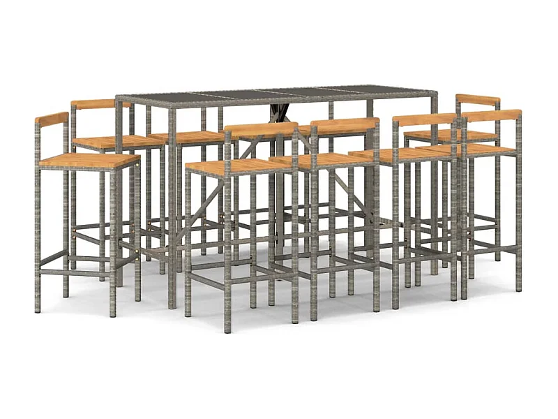 Ensemble de bar jardin 11pcs gris poly rotin-bois massif acacia