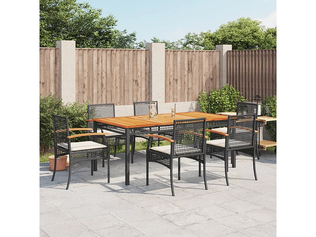 Ensemble à manger de jardin coussins 7pcs Noir Résine tressée