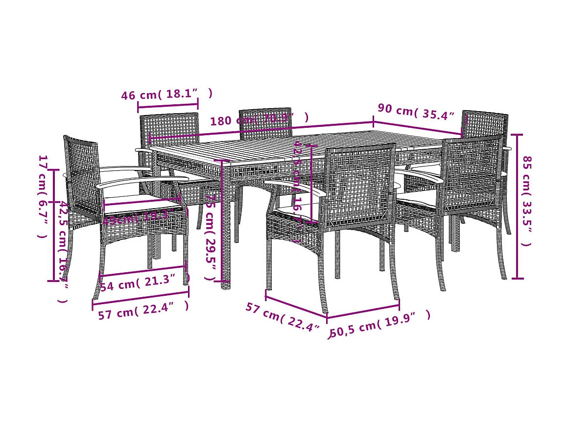 Ensemble à manger de jardin coussins 7pcs Noir Résine tressée