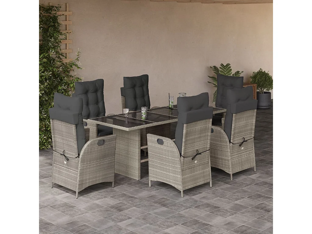 Ensemble à manger de jardin et coussins 7 pcs gris clair rotin