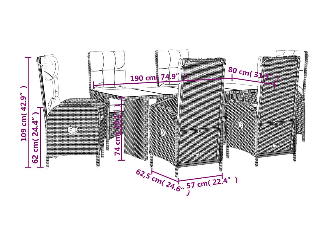 Ensemble à manger de jardin coussins 7pcs Noir Résine tressée