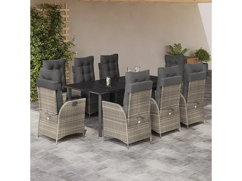 Ensemble à manger de jardin et coussins 9 pcs gris clair rotin