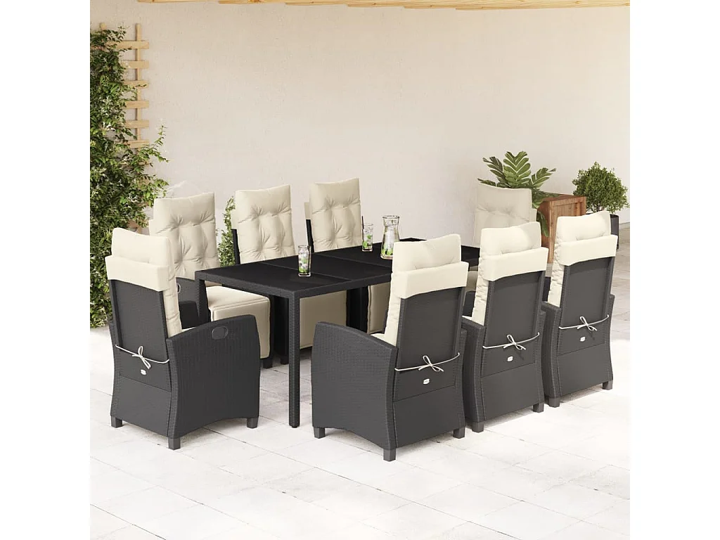 Ensemble à manger de jardin 9pcs coussins noir résine tressée