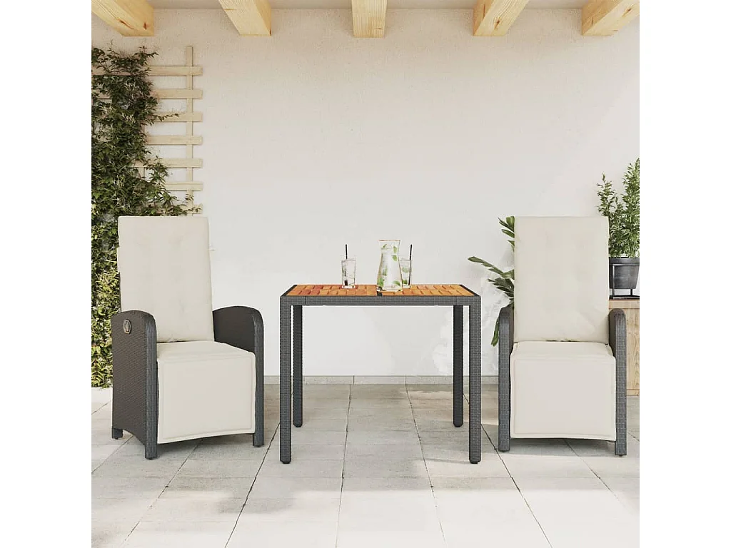 Ensemble de bistro 3 pcs avec coussins noir résine tressée