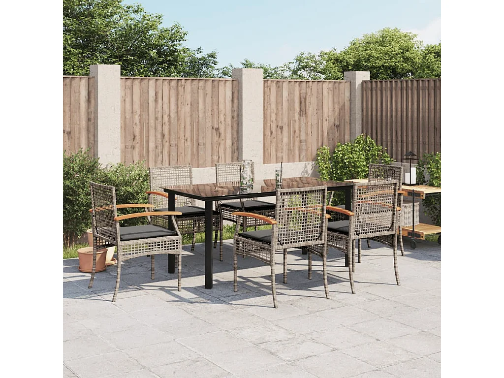 Ensemble à manger de jardin et coussins 7 pcs gris rotin