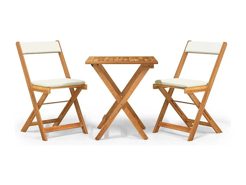 Ensemble de bistro pliable 3 pcs avec coussins Acacia solide