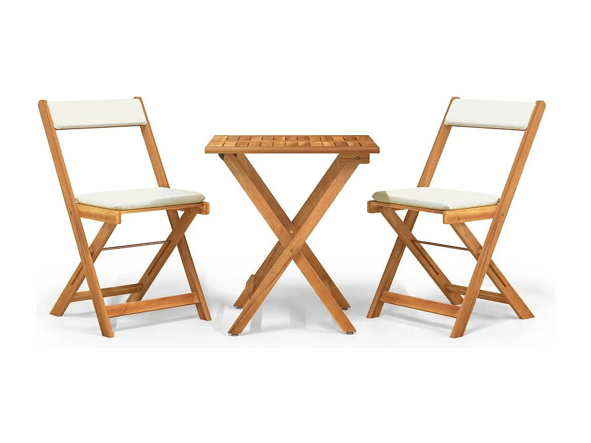 Ensemble de bistro pliable 3 pcs avec coussins Acacia solide