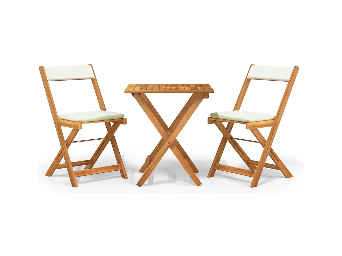 Ensemble de bistro pliable 3 pcs avec coussins Acacia solide