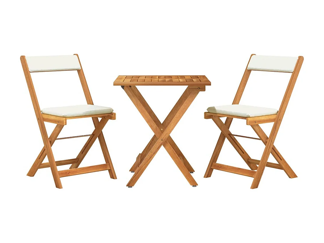 Ensemble de bistro pliable 3 pcs avec coussins Acacia solide