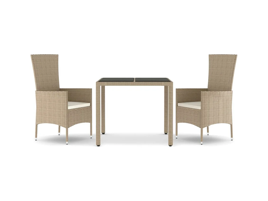 Ensemble à manger de jardin coussins 3 pcs Beige poly rotin