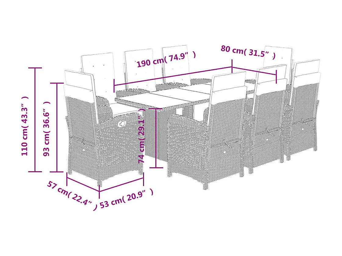 Ensemble à manger de jardin et coussins 9 pcs marron poly rotin