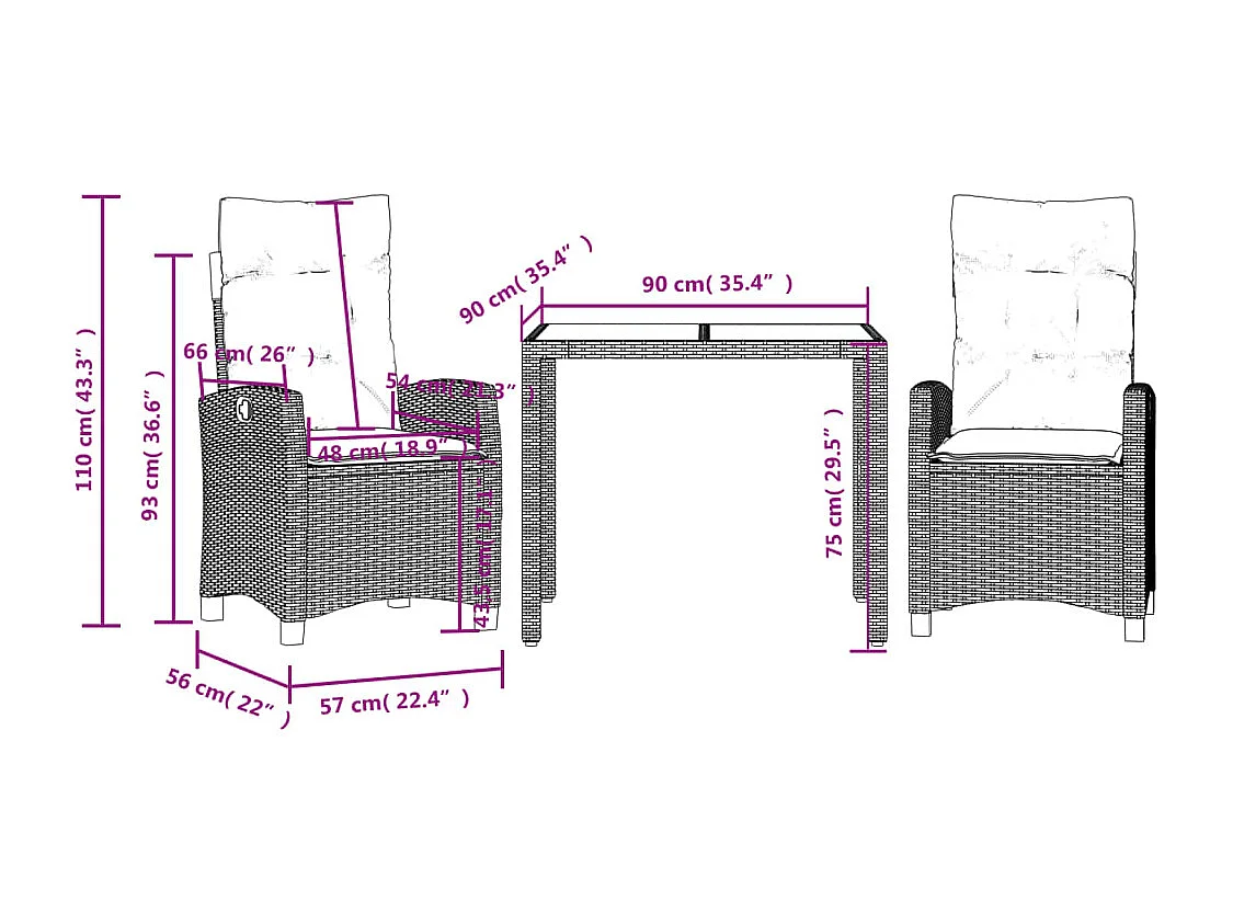 Ensemble à manger de jardin avec coussins 3 pcs Noir