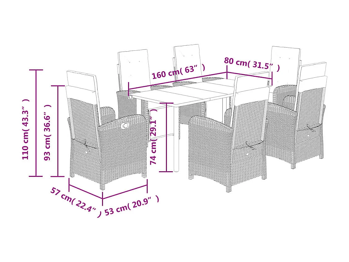 Ensemble à manger de jardin et coussins 7 pcs gris rotin