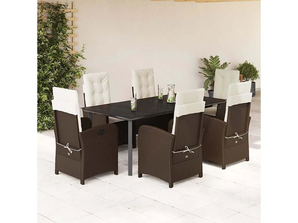 Ensemble à manger de jardin et coussins 7 pcs marron rotin