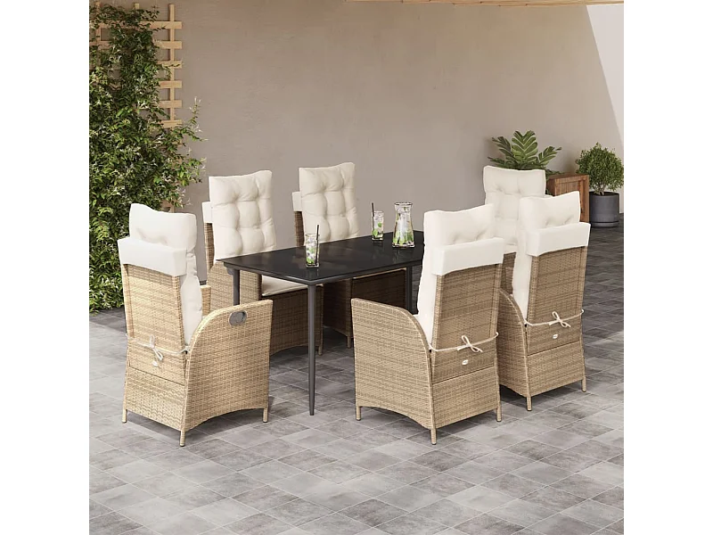 Ensemble à manger de jardin et coussins 7 pcs beige poly rotin