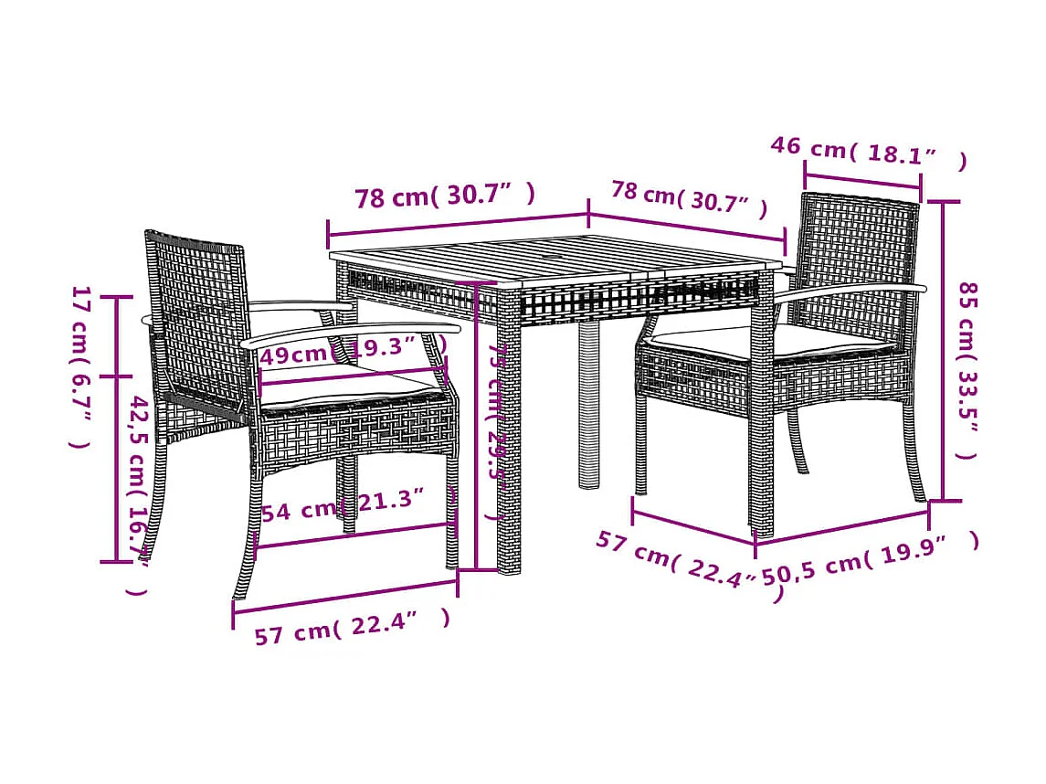 Ensemble à manger de jardin 3 pcs coussins gris résine tressée
