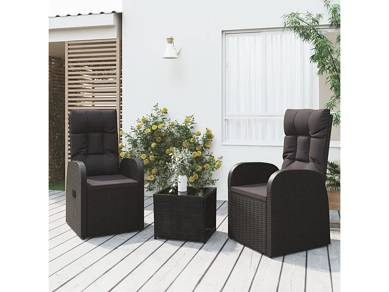 Ensemble de salon de jardin 3 pcs noir poly rotin et acier