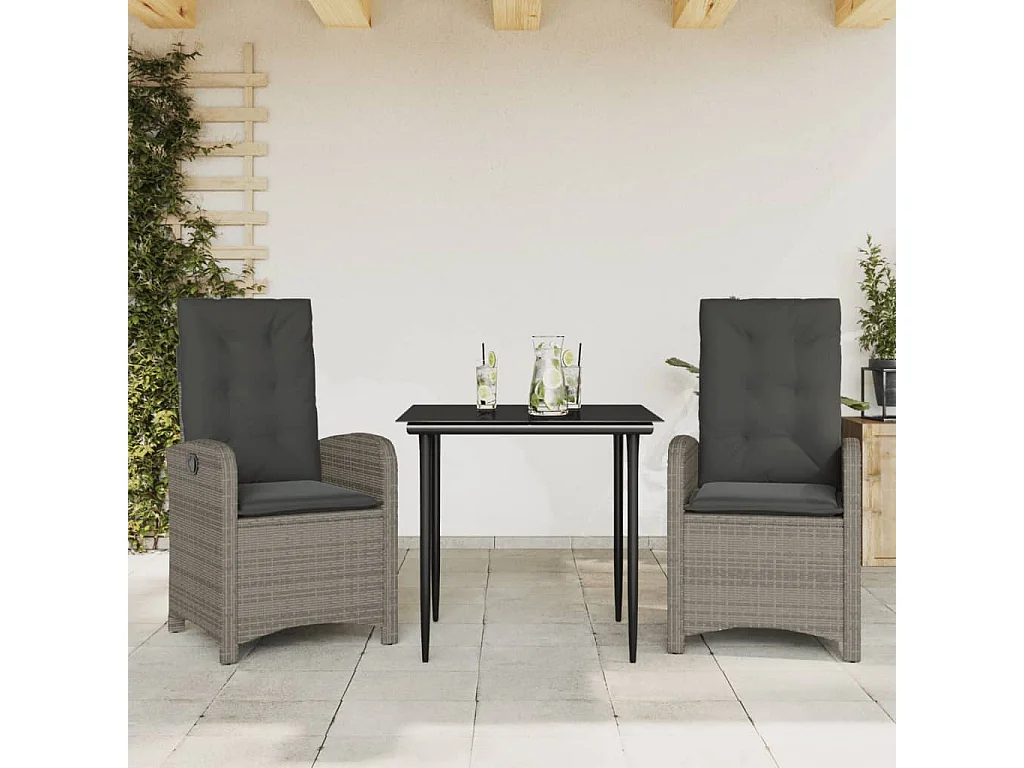 Set comedor de jardín 3 piezas con cojines ratán sintético gris
