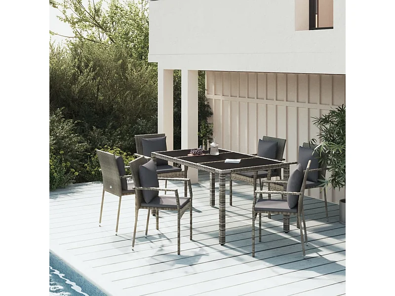 Ensemble à manger jardin et coussins 7 pcs gris rotin