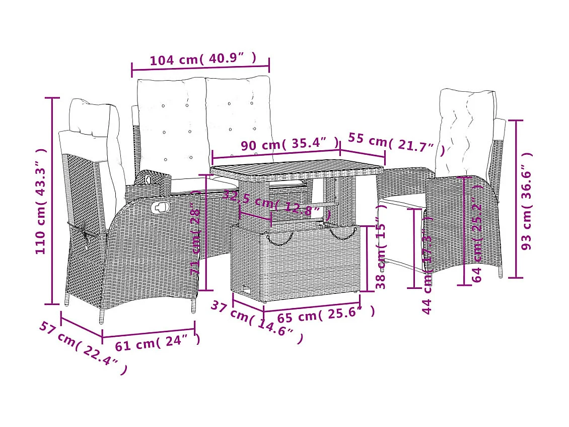 Ensemble à manger de jardin 4 pcs avec coussins noir