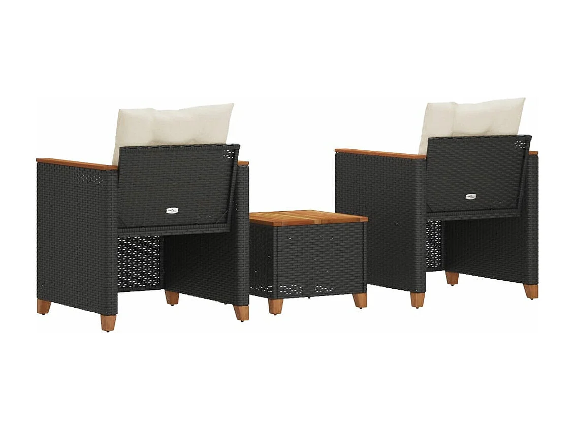 Ensemble de bistro 3 pcs et coussins noir résine tressée acacia