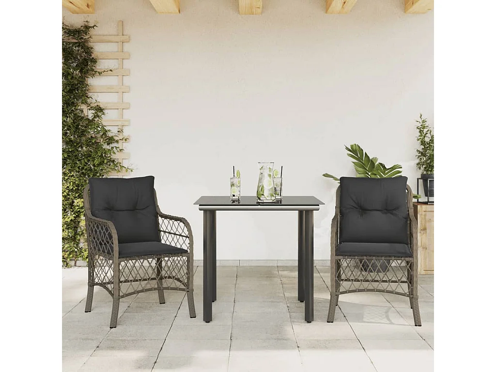 Ensemble de bistro 3 pcs avec coussins gris résine tressée