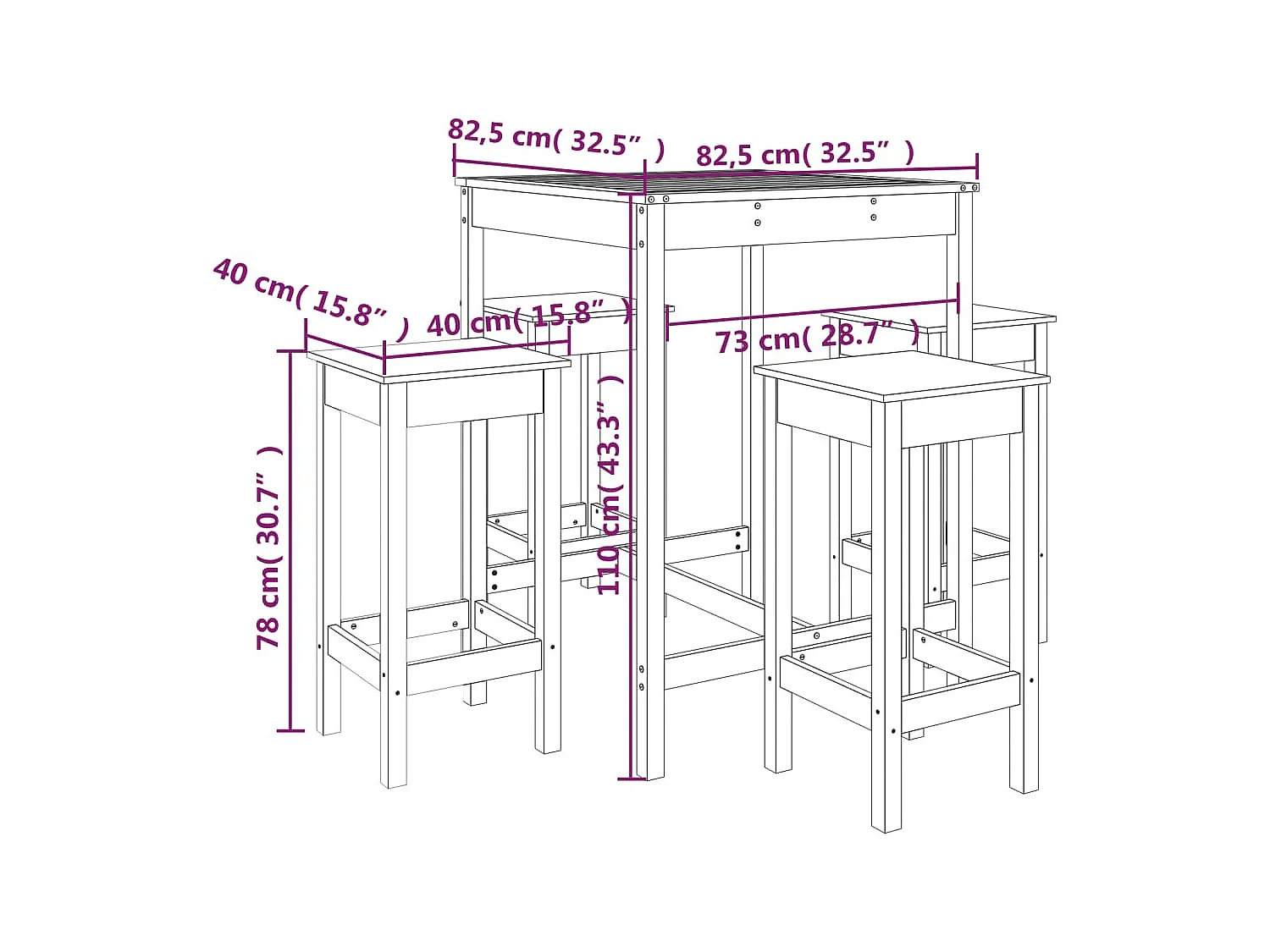 Ensemble de bar de jardin 5 pcs blanc bois massif de pin