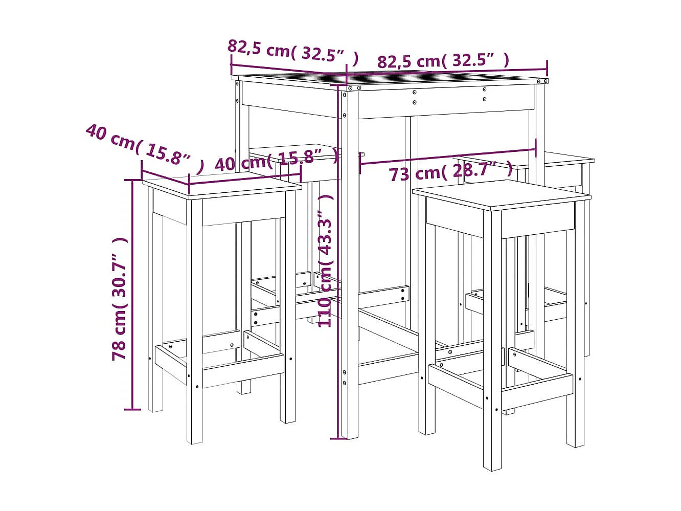 Ensemble de bar de jardin 5 pcs blanc bois massif de pin