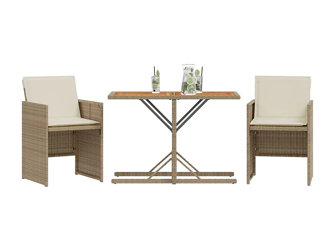 Ensemble de bistro 3 pcs avec coussins beige résine tressée