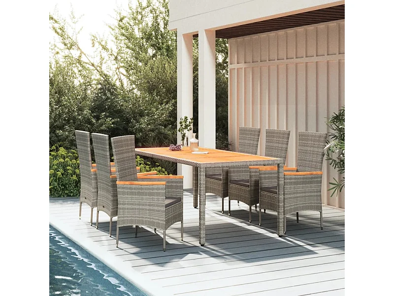 Ensemble à manger de jardin et coussins 7 pcs gris rotin