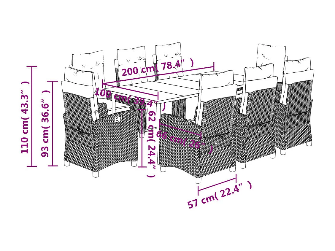 Ensemble à manger de jardin et coussins 9 pcs gris clair rotin