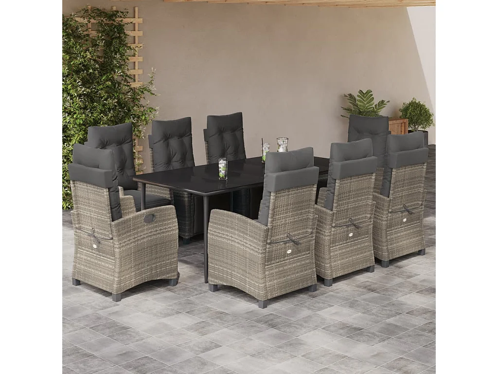 Ensemble à manger de jardin et coussins 9 pcs gris clair rotin