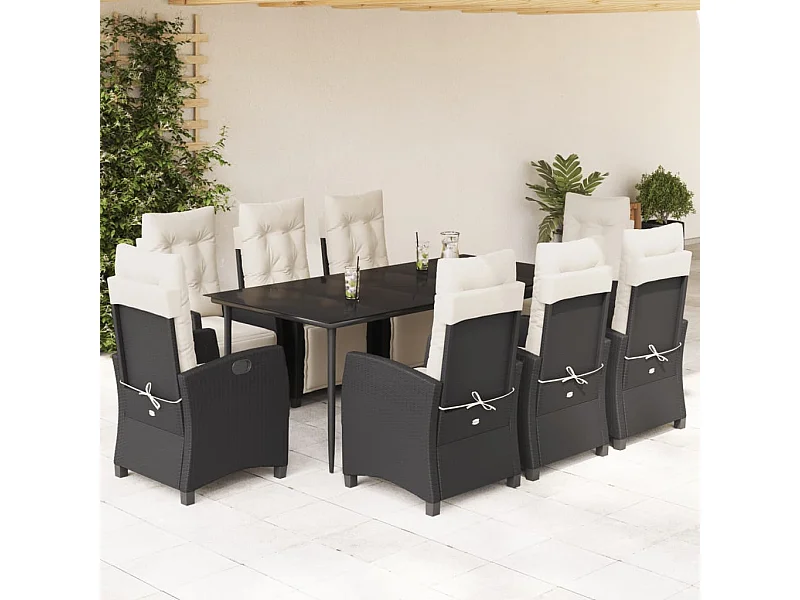 Ensemble à manger de jardin 9pcs coussins noir résine tressée