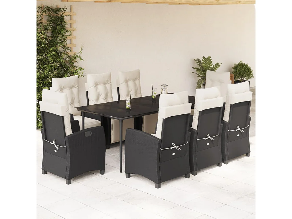 Ensemble à manger de jardin 9pcs coussins noir résine tressée