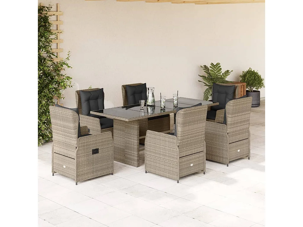 Ensemble à manger de jardin et coussins 7 pcs gris clair rotin